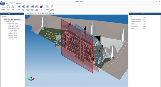 OpenIfcViewer visualizing an IFC model with cutting planes